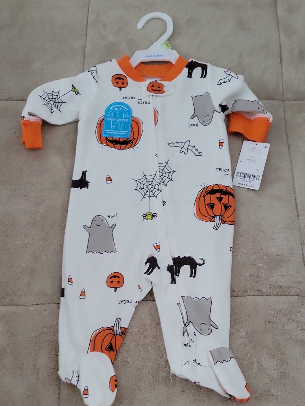Carter's White Halloween Pumpkin & Ghost Footed One-Piece New Size 3 months